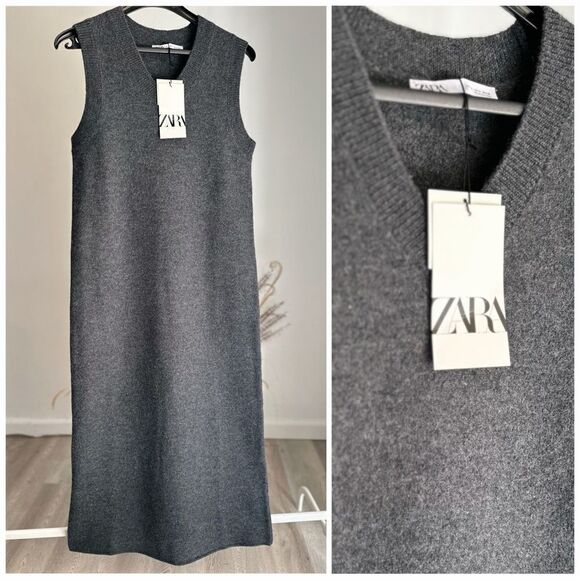 ZARA 100% WOOL SLEEVELESS DRESS GREY SMALL MEASUREMENTS - Picture 1 of 3